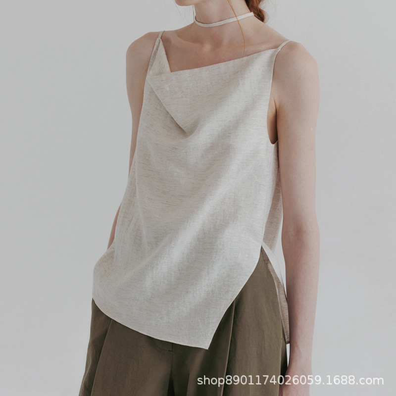 Spot Summer New Korean Mo*A Simple Niche Lace-Up Waist Slimming Look Slit Swing Collar Sleeveless Vest Suspender