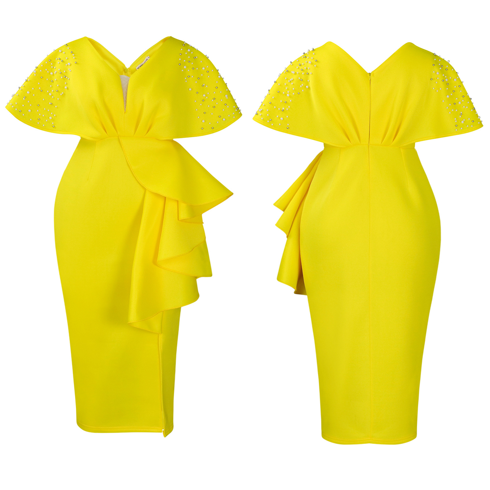 Robe de soirée sexy à col en V et à volants avec fente perlée, robe de banquet de tempérament de célébrité_voghion.com
