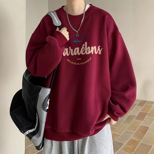 wine red Crewneck Sweatshirt Men's Spring and Autumn and Winter American Style Trendy Brand fleece-lined Thick Loose Heavy Boys' Clothes Jacket