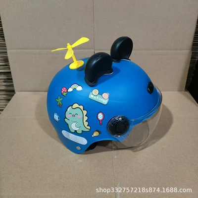 Motosiklet kaskı (dəbilqə): half helmet battery car safety helmet - blue-green-dinosaur-transparent-mirror-black-bear-ears-yellow-windmill-3c-certified-1-6-years-old-j02