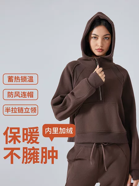 New fleece-lined Warm Sports Sweat Women's Short Hooded Half Zip Loose Yoga Wear Sports Top DAW139