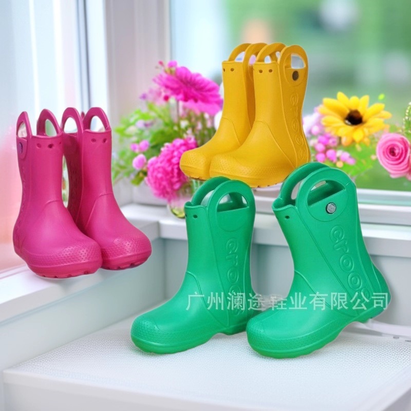 Croos Mid-Tube Kidsren's Hole-In-The-Wall Rain Boots for Men and Women Spring, Summer and Autumn Waterproof Shoes for Students Internet Celebrity Short-Tube Non-Slip Rain Boots