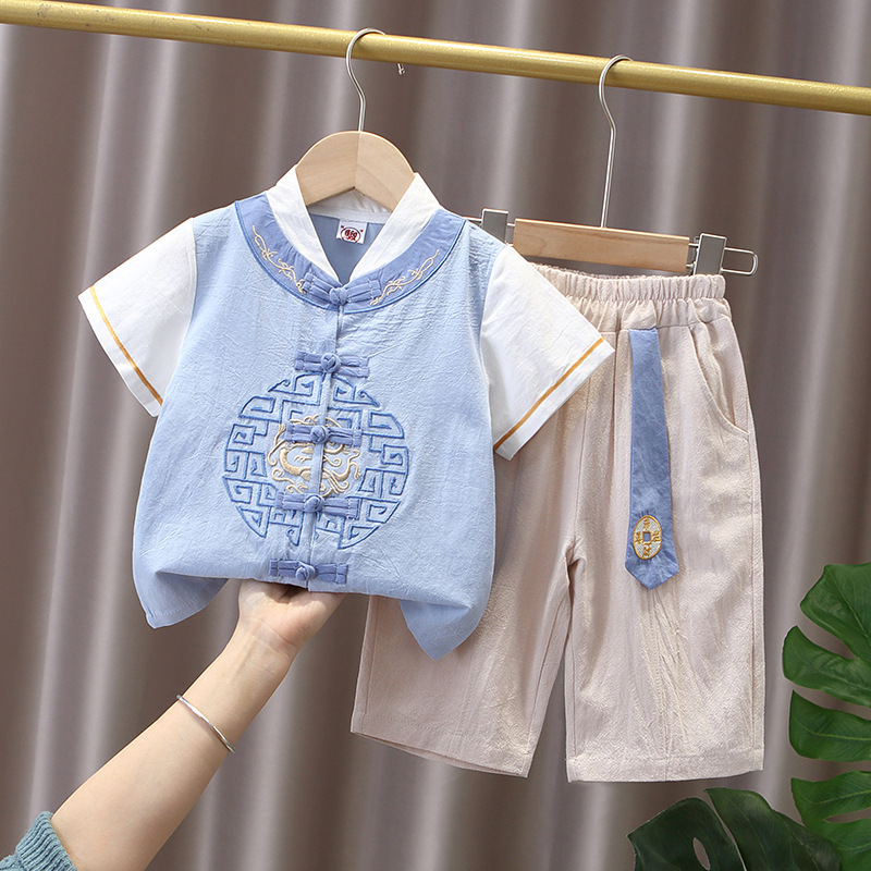 Children's Clothing for Boys, Hanfu Summer Thin Style Ancient Costume Two-Piece Set, New Traditional Chinese Style Gentleman's Tang Suit with Cross-Collar Children's Clothing for Boys, Hanfu Summer Thin Style Ancient Costume Two-Piece Set, New Traditional Chinese Style Gentleman's Tang Suit with Cross-Collar