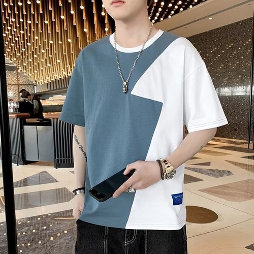 Stitching short sleeve men's summer trend loose five and a half sleeve t-color clash top men's T-shirt ice silk casual T-shirt