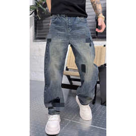 【严选】高品质设计感男士潮流十字花牛仔裤休闲宽松微弯刀直筒裤