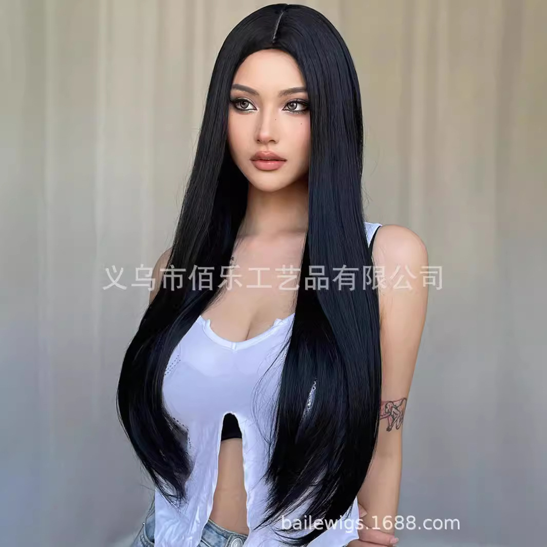 Peluca negra transfronteriza con raya al medio, cabello largo y liso, cobertura completa, suave y natural, red de rosas, pelucas en stock listas para envío del fabricante. image 6