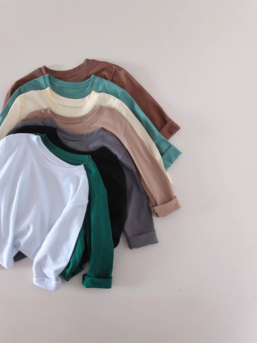 Children's basic shirt 2025 spring pure cotton candy color long sleeve T-shirt for girls and boys, suitable for middle-aged children, round neck