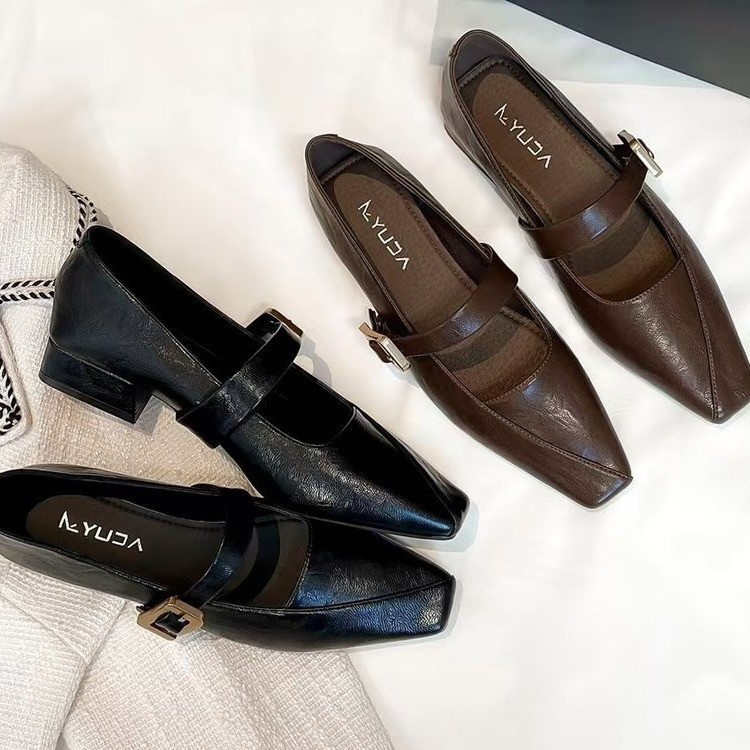 Elegant fashionable retro Mary Jane shoes with a strap low-cut pointed-toe, French vintage style, wide stable heel, suitable with a skirt