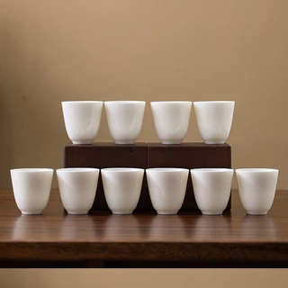 德化羊脂玉白瓷茶杯纯白描金品茗杯方圆杯主人杯个人杯子小号家用