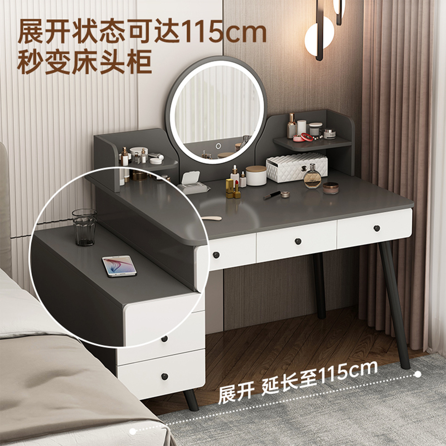 2025 nuevo dormitorio simple moderna mesa de maquillaje de madera maciza de lujo ligera alta sensación de cabecera de cama armario en uno