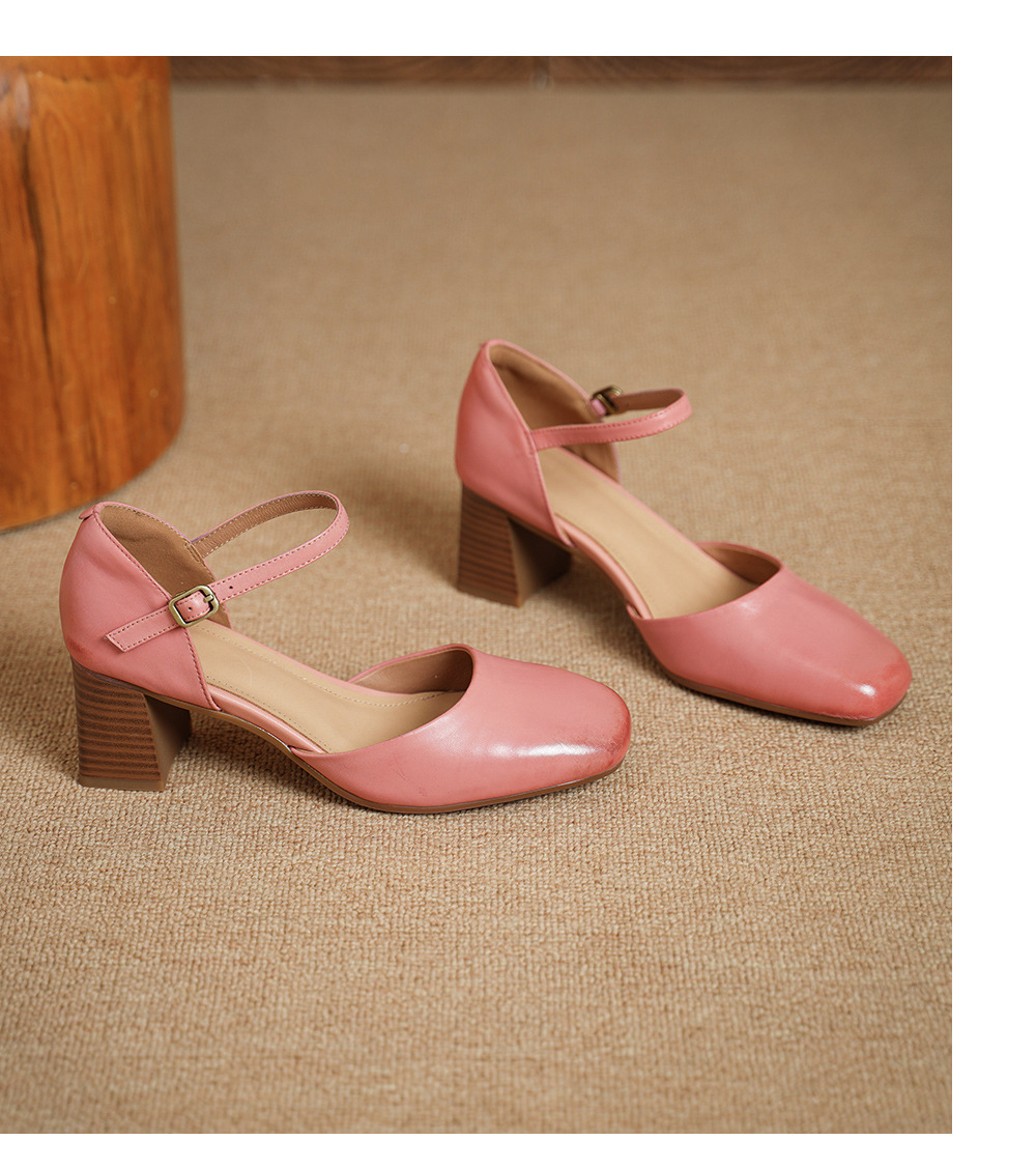 Giày sandal cao gót nữ quai ngang mũi vuông gót 6 cm — Màu hồng chi tiết 13
