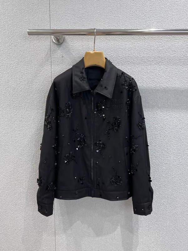 南油直供25秋冬黑色手工闪耀定珠刺绣拉链外套洋气双插兜翻领上衣|undefined