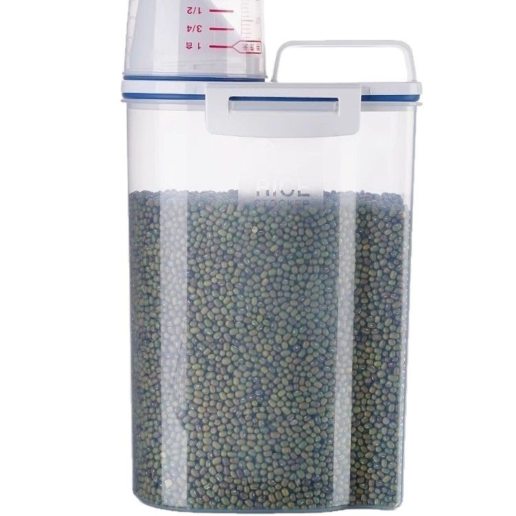 Venta caliente cinturón de plástico taza medidora cubo de arroz sellado caja de almacenamiento de arroz a prueba de humedad y a prueba de insectos tanque de almacenamiento de granos de cocina