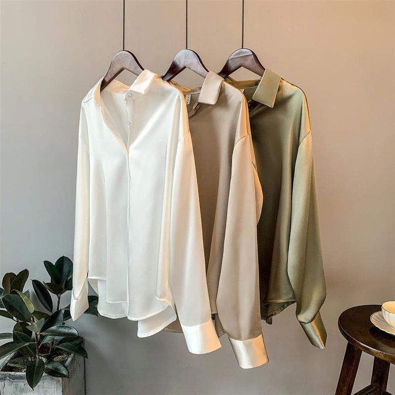 Long-Sleeved Satin Shirt for Women, Unique Design, Niche Style, 2026 Spring and Autumn New Model, Loose Fit, Drapey, Retro Hong Kong Style Shirt, Trendy Long-Sleeved Satin Shirt for Women, Unique Design, Niche Style, 2026 Spring and Autumn New Model, Loose Fit, Drapey, Retro Hong Kong Style Shirt, Trendy