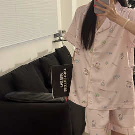 冰丝双短粉KT猫舒适凉爽透气宽松女款家居服套装