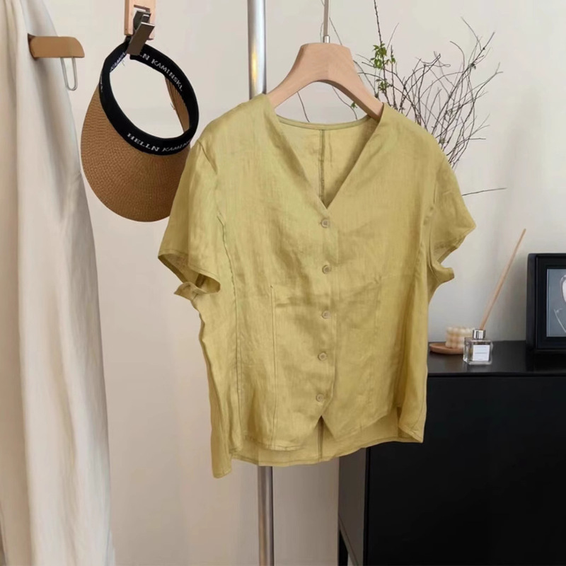 CHAO class without D recommend! Mustard Yellow V-neck Short-sleeved Shirt Women's Niche Elegant All-match Top Ins
