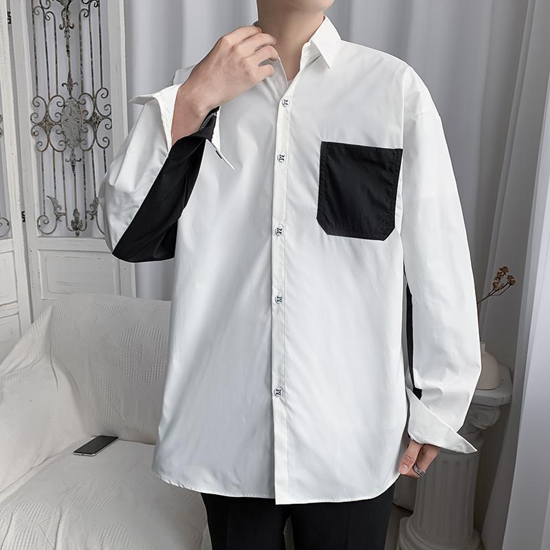 Men's Black And White Patchwork Long Sleeve Casual Shirt Trendy_voghion.com
