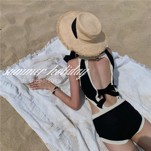Cross-border wholesale new hot spring backless belly-covering black one-piece fashion conservative student backless swimsuit for women