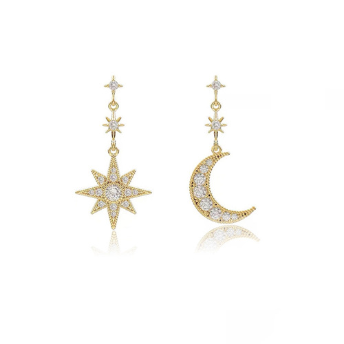 Korean version S925 silver needle asymmetric star crescent moon earrings internet celebrity slimming goddess style earrings sparkling earrings wholesale