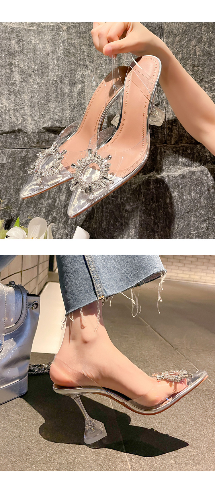 Giày cao gót nữ mũi nhọn bít mũi trong suốt đính pha lê gót nhọn 6,5 cm — Bạc 6,5cm chi tiết 11