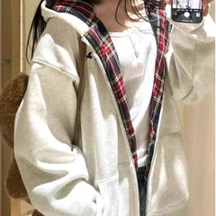 美式复古格子连帽卫衣女春秋oversize薄款外套宽松慵懒风开衫上衣