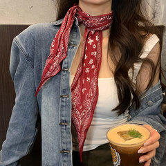 レトロクラシックレッドカシューパターン菱形シルクスカーフ女性の綿ポニーテールヘアリボンヘッドスカーフヘアバンド三角スカーフ