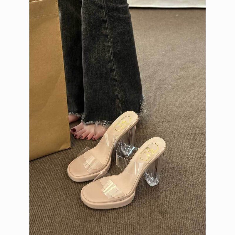 Transparent High-Heeled Shoes 2026 Summer New Style Waterproof Platform Thick Heel Nude Color Thick-Soled Crystal Sandals Slippers for Women to Wear Outside