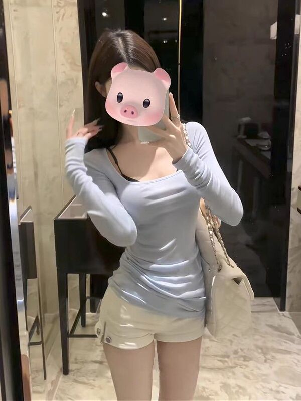[210g Rayon Modal] Square Collar Sun ProTecTion Long-sleeved T-shirT Women's Thin OuTer Blouse Slim Top Blue