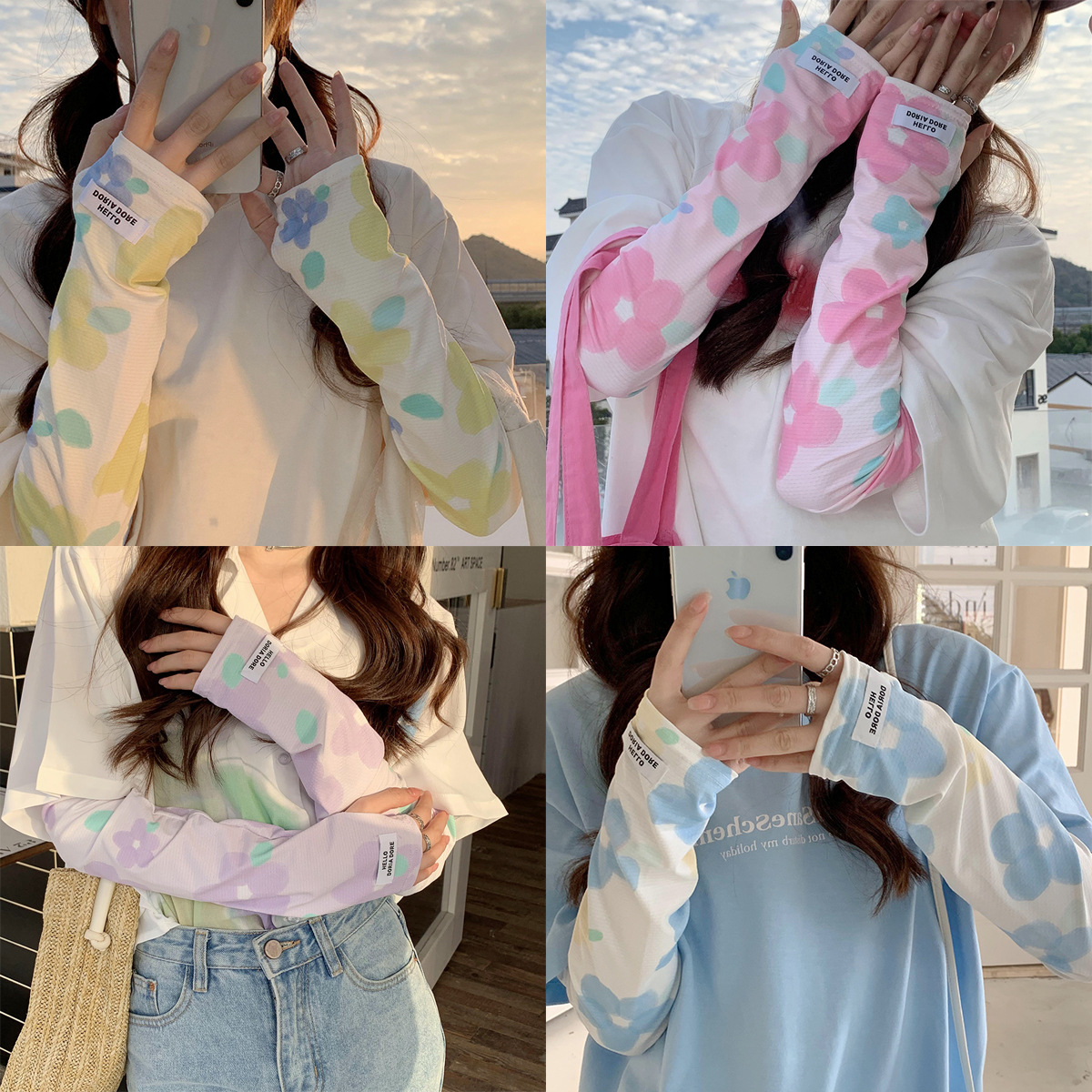 (2개) 신선한 꽃 얼음 소매 여성의 얼음 실크 소매 여름 새로운 자외선 차단제 장갑 UV 저항성 느슨한 차양 핸드 가드 소매