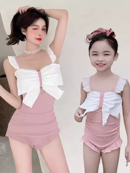 Women's Hot Spring Parent-Child Swimsuit One-Piece Ruffled Girl's Princess Cute Bow Vacation Seaside Mother-Daughter Swimsuit