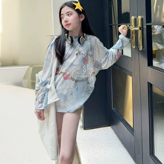 女童夏装套装2026新款中大童时尚洋气潮酷满印防晒长袖短裤套装