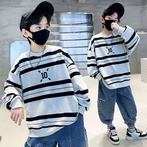 Men's Spring Hoodie 2024 New Arrival Children's Spring Outfit Streetwear Brand Striped T-Shirt for Big Kids Cool and Stylish