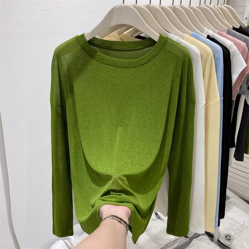 Women's Ice Silk Sunscreen T-Shirt, Loose Fit, Air Conditioning Shirt, Long Sleeve Top, Thin, UV Protection, Breathable Cover-Up, UPF50+