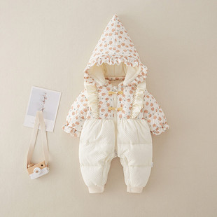 Baby winter jumpsuit baby girl super cute Western princess style hooded down jacket romper thickened warm climbing