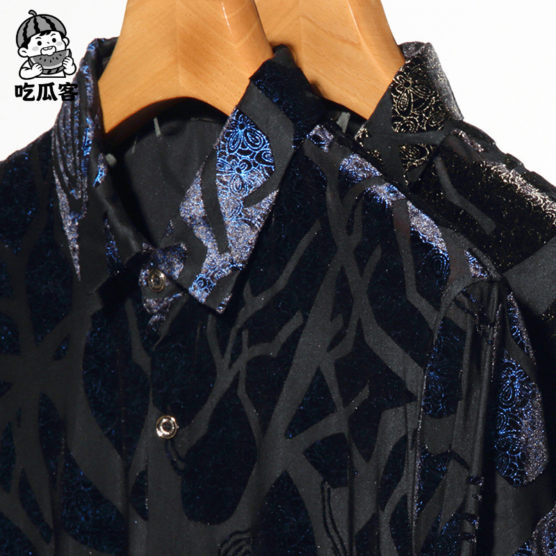 Summer Men's Hollow Stretch Short-sleeved Shirt for Middle-aged Dad Gold Velvet Dance Performance Half-sleeved Flower Shirt for Men