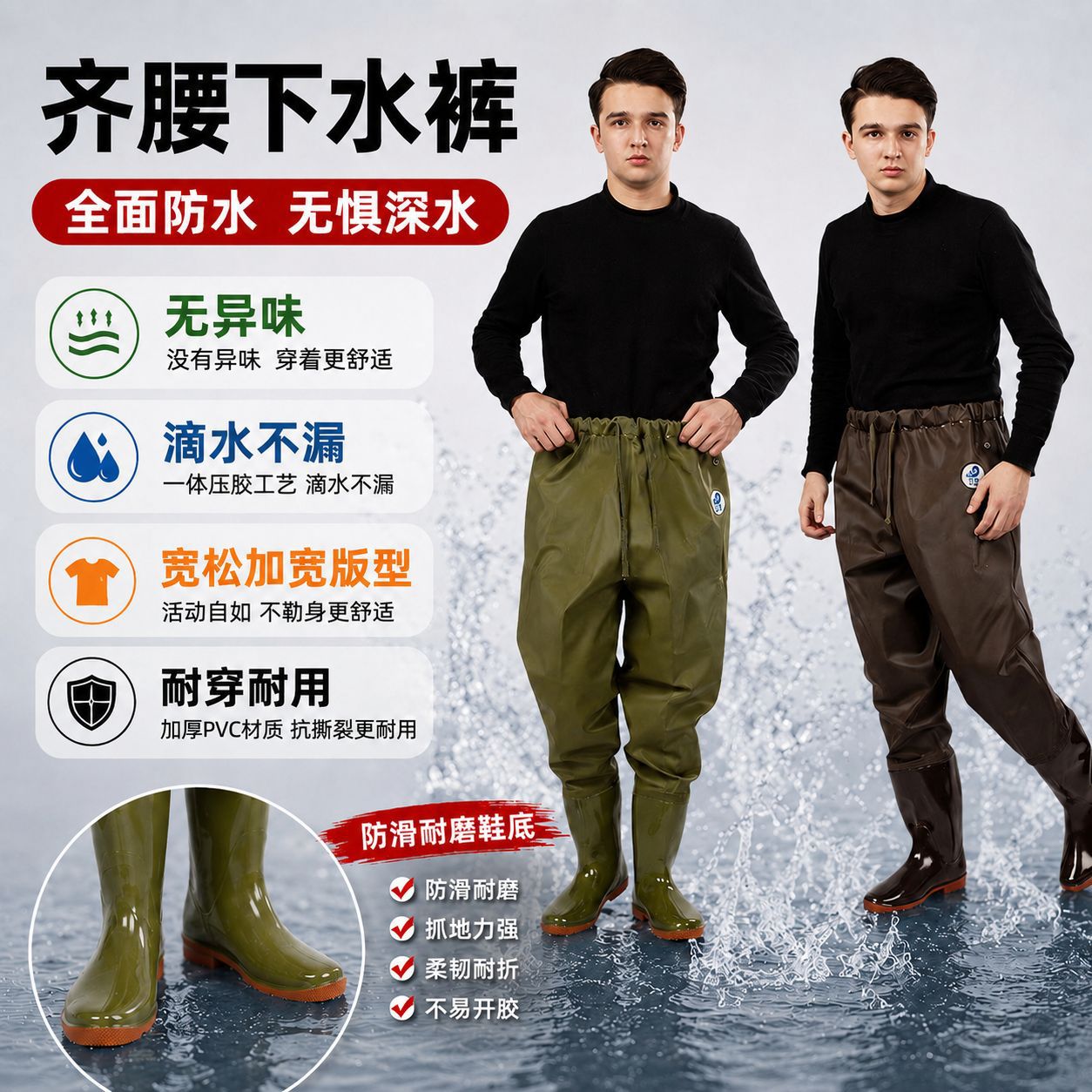 Beihai PVC Fishing Pants Knitted Cloth Waist Pants Waterproof Wear-resistant Wading Pants Rain Pants Quick-drying Breathable Half-length Pants