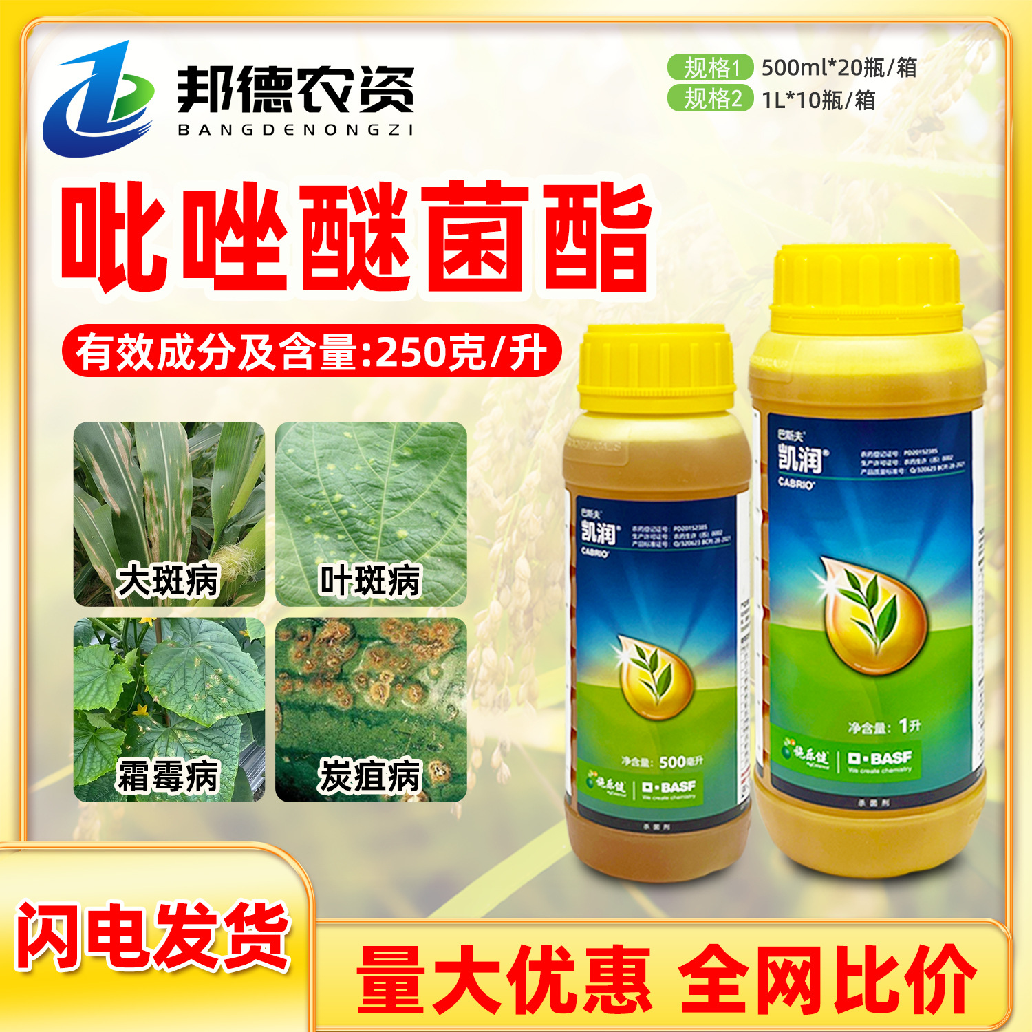 巴斯夫凯润 吡唑醚菌酯霜霉病叶斑病炭疽病白粉病农药杀菌剂500ml