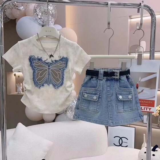 2025 New Girls' Summer suit Baby Girl's New Denim Skirt Children's Styline Short-sleeved T-shirt Two-piece Trendy
