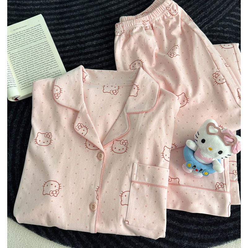 Women's Pure Cotton Pajamas, Spring and Autumn Long-Sleeved 2026 New Style, Can Be Worn Outside, Cute Cartoon Kt Cat Home Wear Set