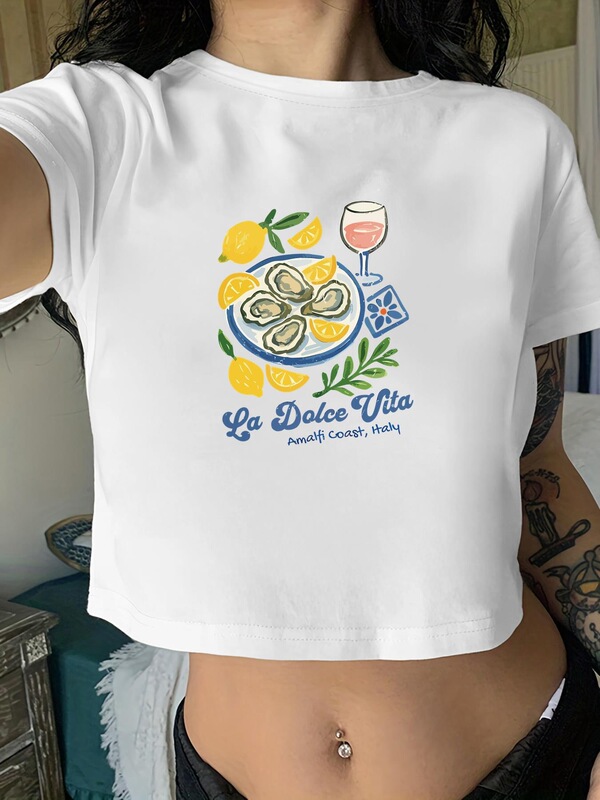 Women's Black Cropped T-Shirt with Vibrant Seafood Graphic P