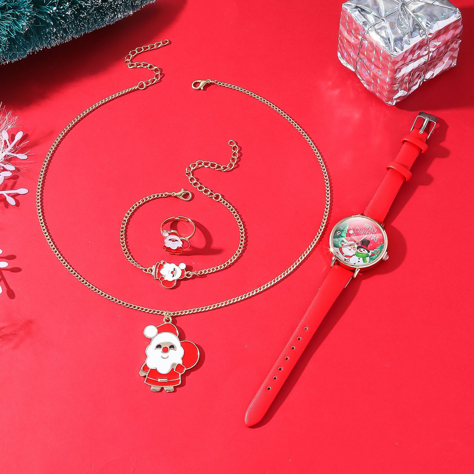 Weihnachtsuhr-Set, Cartoon-Weihnachts-Neuheiten im Herbst und Winter, Gürteluhr + Weihnachtsmann-Schmuckset_voghion.com