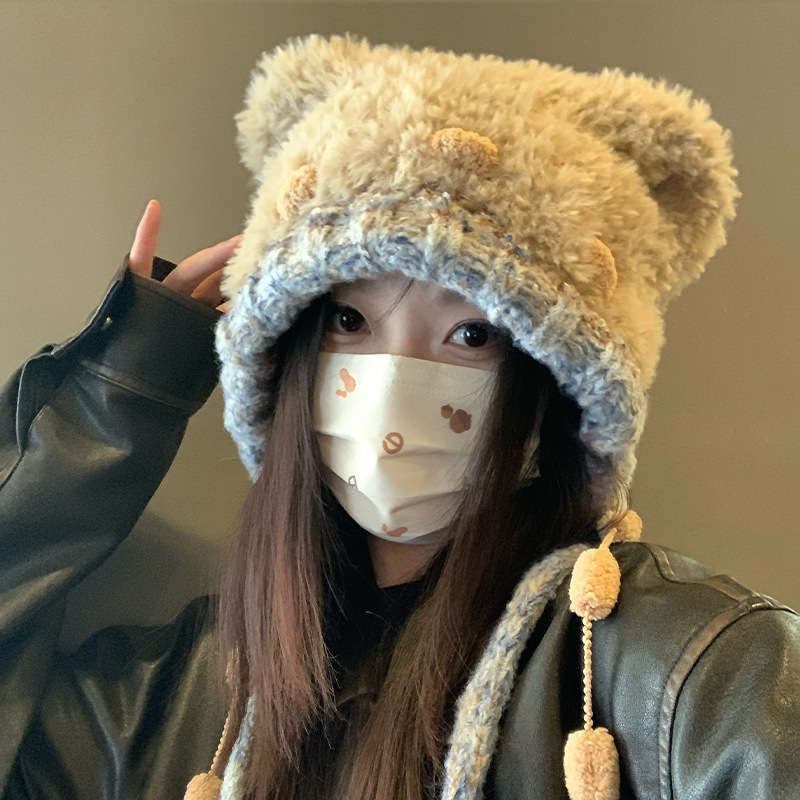日系保暖小熊毛绒帽2025冬爆款可爱风加厚时尚显脸小套头针织帽子|undefined