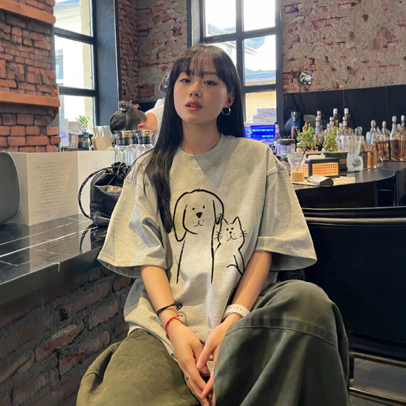 Pure Cotton American Retro Gray Straight-Shoulder Short-Sleeve T-Shirt for Women, 2026 New Design, Niche Loose Half-Sleeve Top