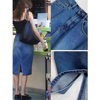 TH~ ROW 肯豆同款半身裙女简约复古高腰后开叉水洗蓝中长牛仔裙子