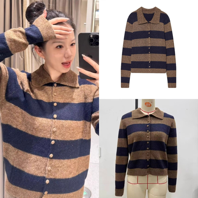 Za Export Cross-Border Spot Wholesale European and American Style Women's Autum Fashion Trendy Stripesd Knitted Jacket