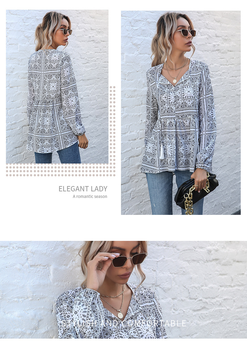 women s retro print v-neck fringe chiffon long-sleeved blouse nihaostyles wholesale clothing NSDMB79616