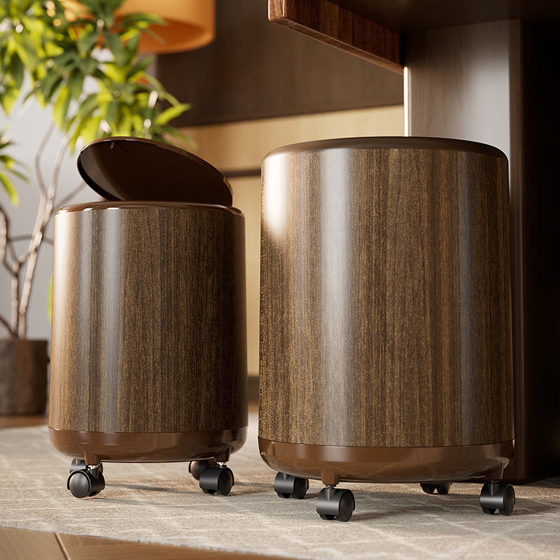 Wood-grain style household trash can, large-capacity round storage bin, with wheels for easy movement, and a hygienic design