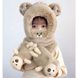 儿童帽子冬季女童围巾一体帽男童宝宝围脖手套三件套口罩防风护耳