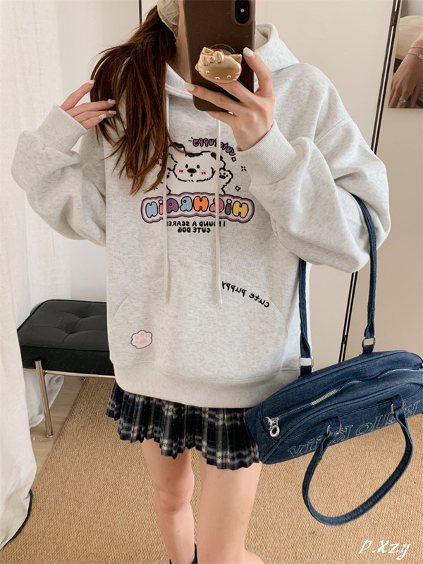031 慵懒风连帽卫衣女秋季新款植绒卡通字母大码休闲女式卫衣长袖|undefined