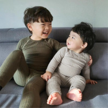 2025秋款婴童a类软糯粗坑条纯色加厚弹力T恤上衣+打底套装睡衣